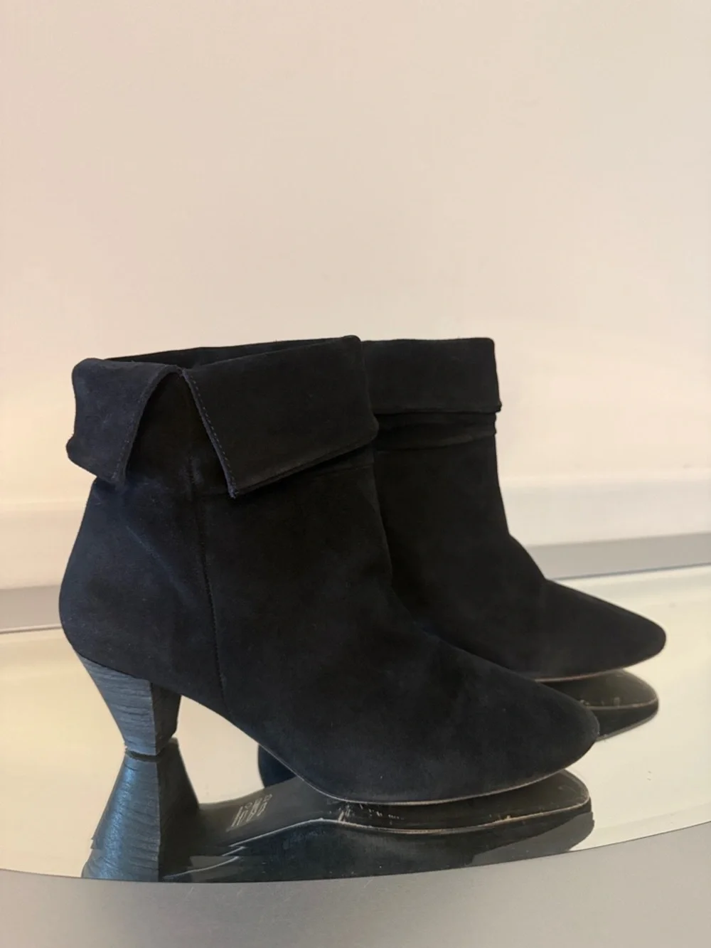 FREE PEOPLE Adella Foldover Suede Booties Black Pointed Toe Block Heel Size 8.5